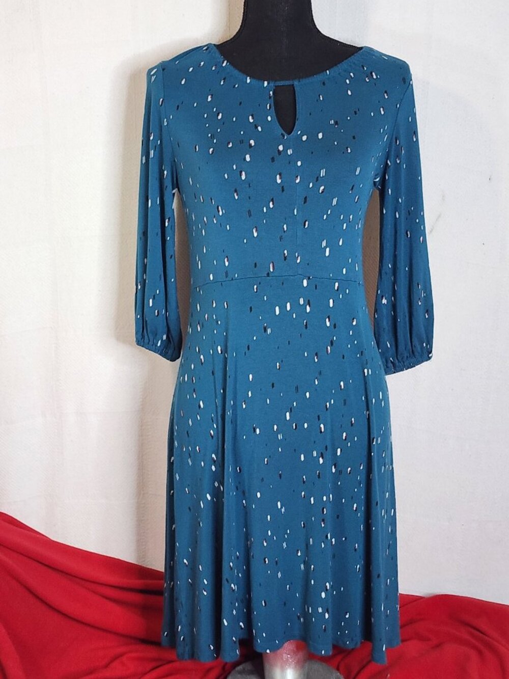 Apt. 9 Teal Brown White Dots Notch Front Keyhole Back Rayon Span Lined Dress XS